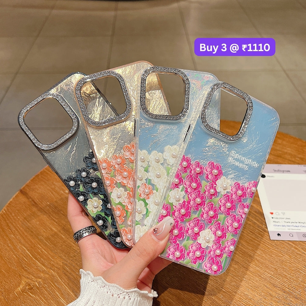 Oil Painted Flower with Embossed Pearl TPU (Soft) Phone Case | Mobile Cover - iPhone 13