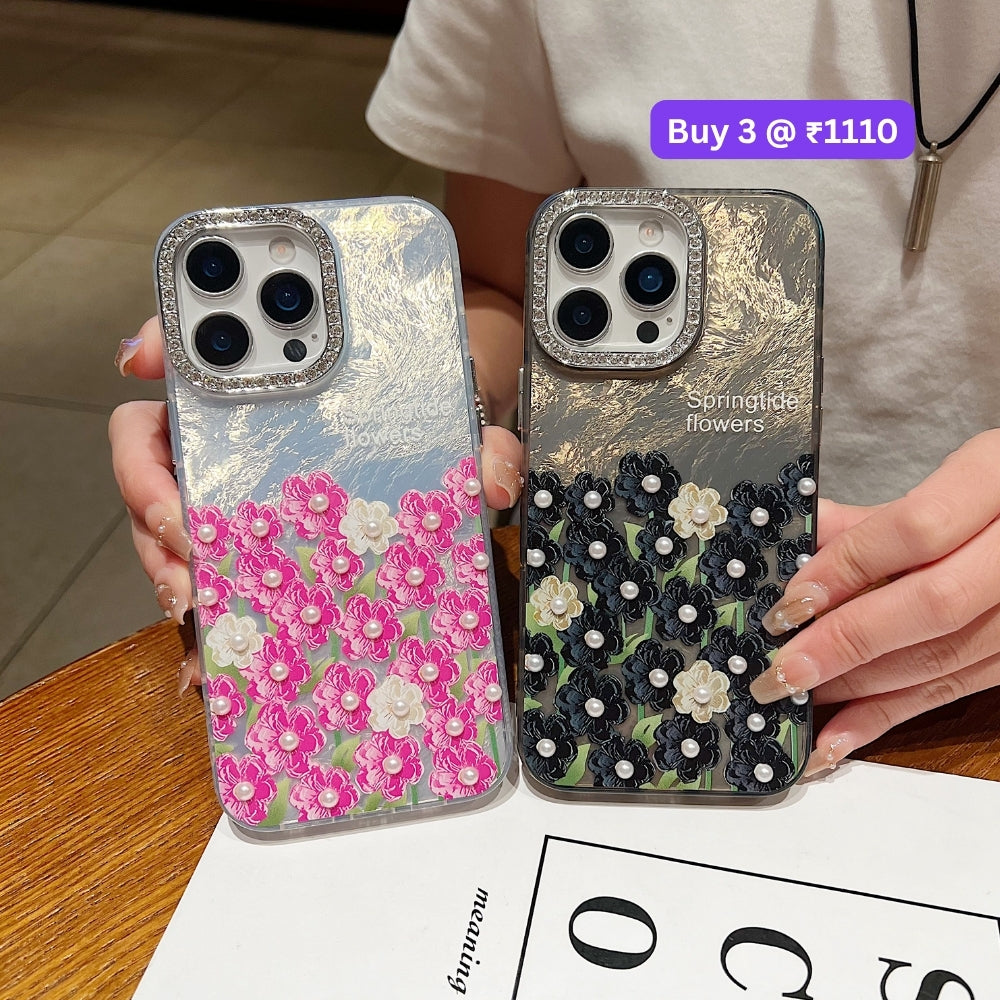 Oil Painted Flower with Embossed Pearl TPU (Soft) Phone Case | Mobile Cover - iPhone 13