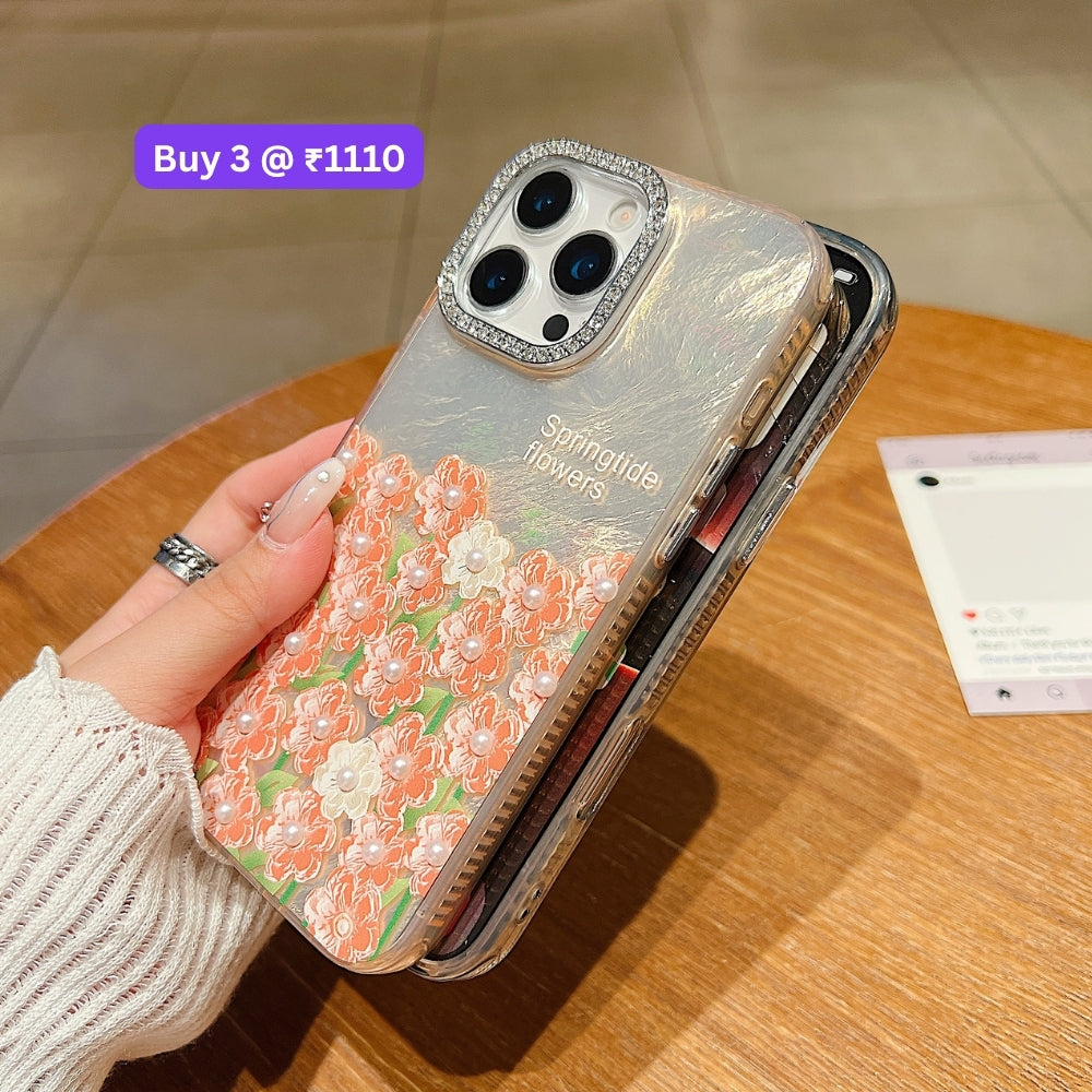 Oil Painted Flower with Embossed Pearl TPU (Soft) Phone Case | Mobile Cover - iPhone 14 Pro Max