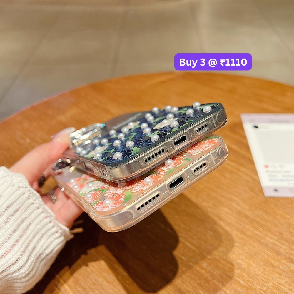 Oil Painted Flower with Embossed Pearl TPU (Soft) Phone Case | Mobile Cover - iPhone 13