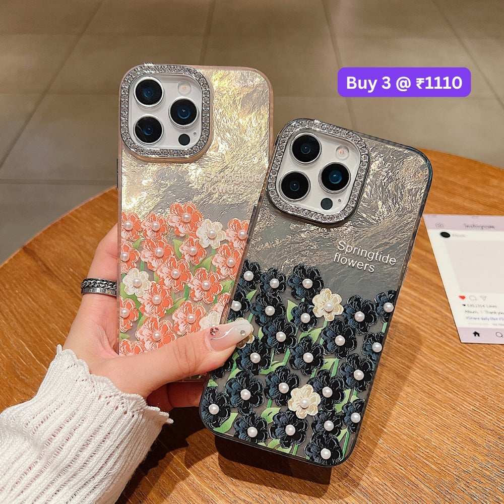 Oil Painted Flower with Embossed Pearl TPU (Soft) Phone Case | Mobile Cover - iPhone 13