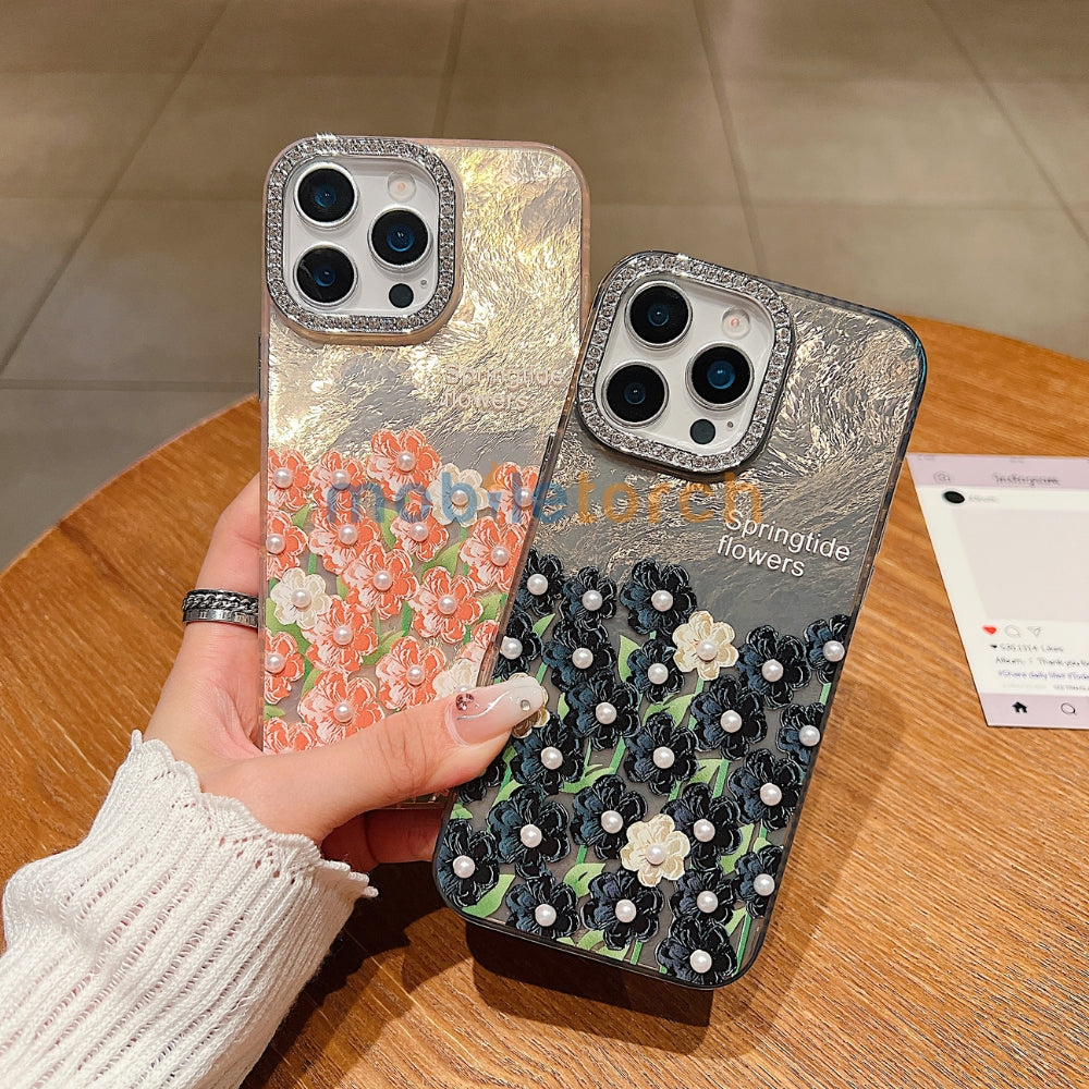 Oil Painted Flower with Embossed Pearl TPU (Soft) Phone Case | Mobile Cover - iPhone 13