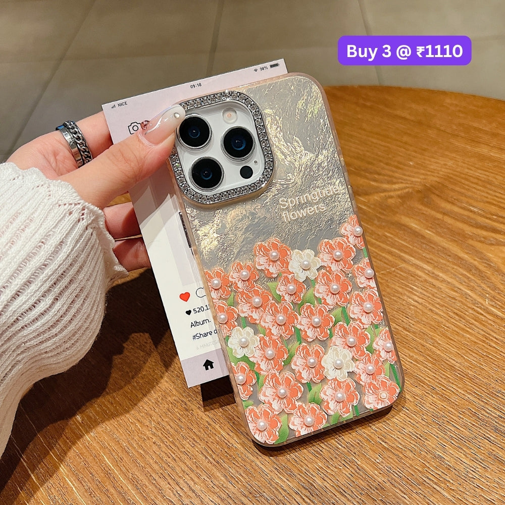 Oil Painted Flower with Embossed Pearl TPU (Soft) Phone Case | Mobile Cover - iPhone 13