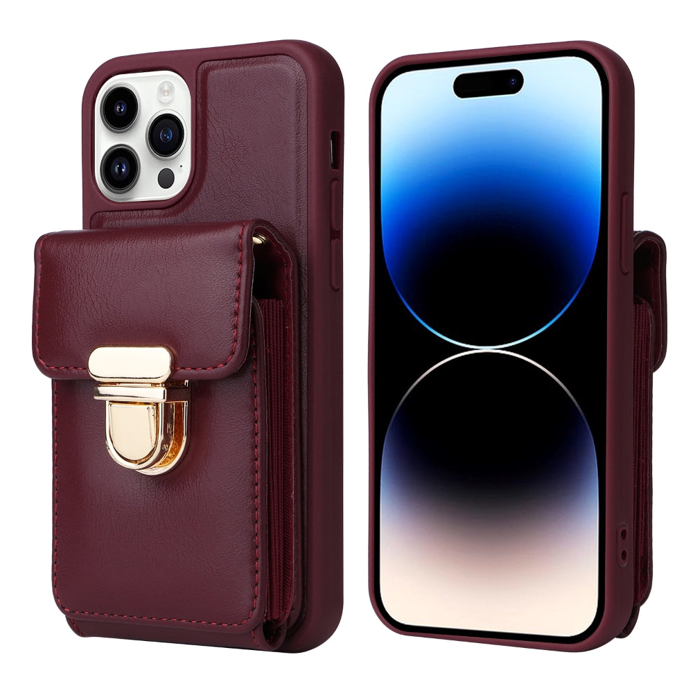 PU Leather Card Holder Case with Adjustable Crossbody Strap - iPhone 13 Pro