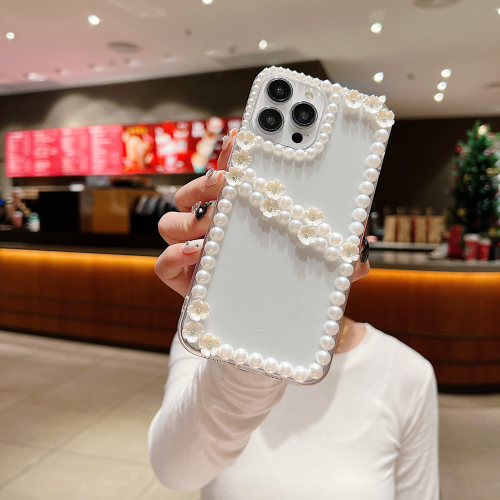 Pearl Border Floral Transparent Phone Case