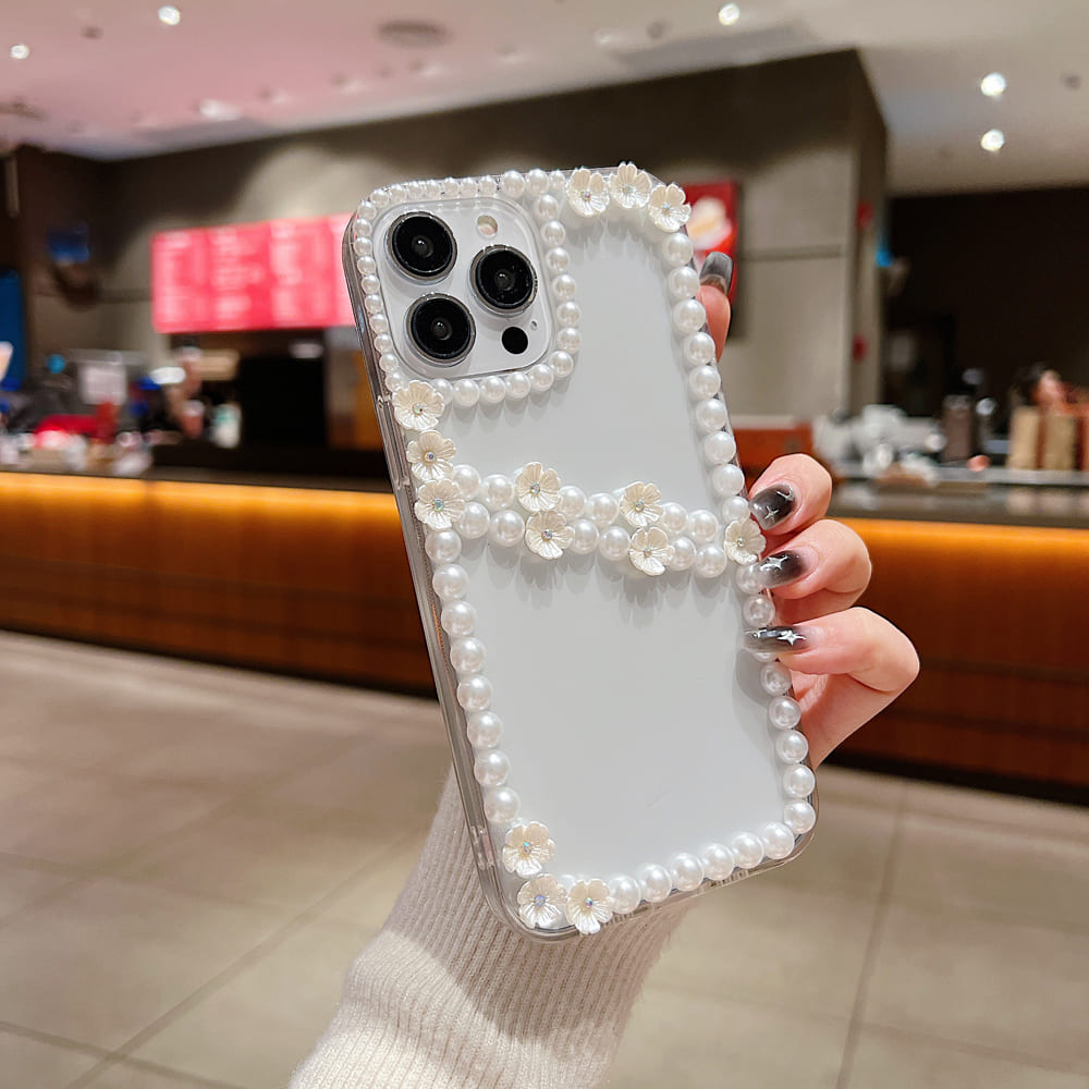 Pearl Border Floral Transparent Phone Case