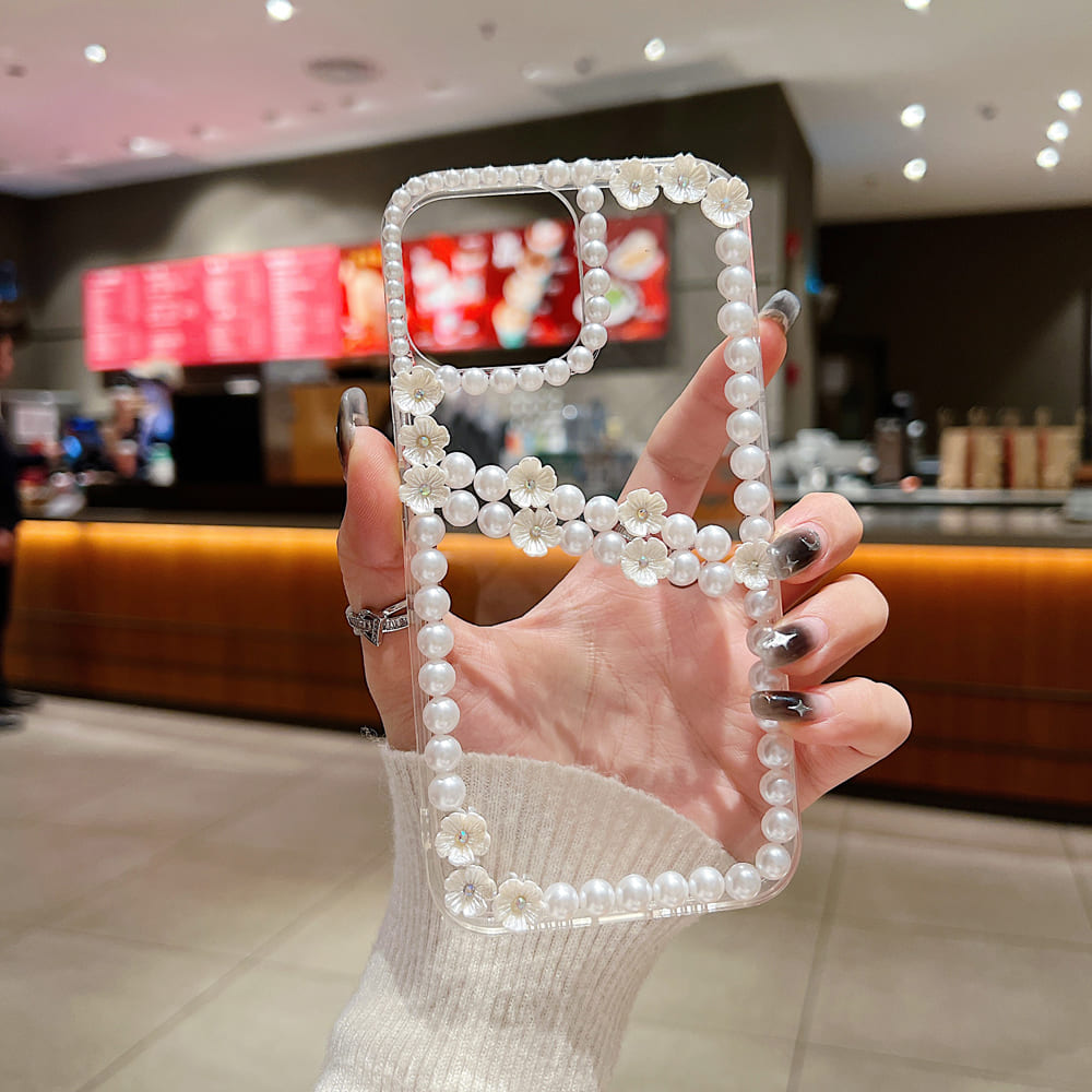 Pearl Border Floral Transparent Phone Case