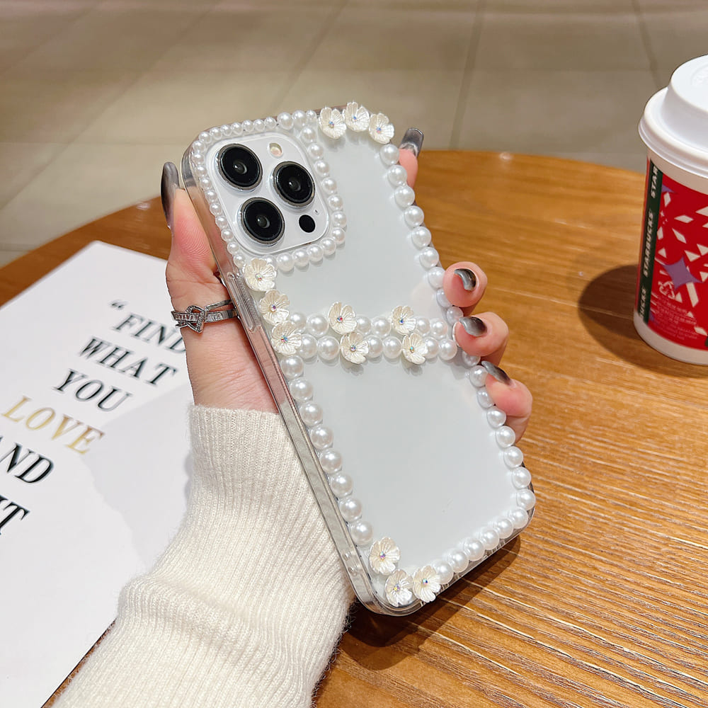 Pearl Border Floral Transparent Phone Case
