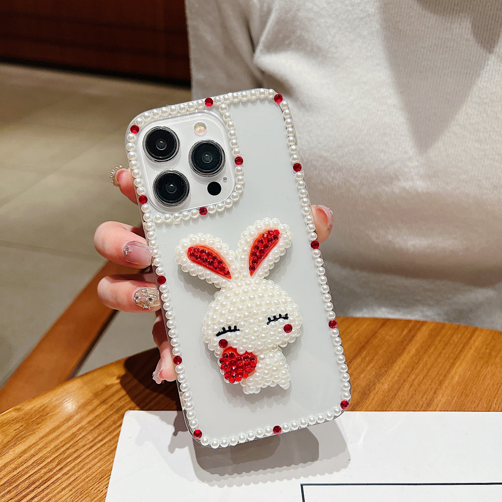 Cute 3D Pearl Rabbit with Pearl Border Transaprent Phone Case - iPhone 15