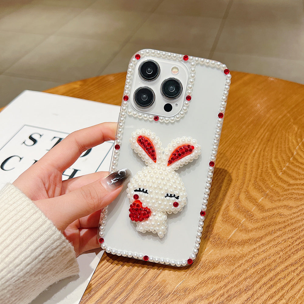 Cute 3D Pearl Rabbit with Pearl Border Transaprent Phone Case - iPhone 15