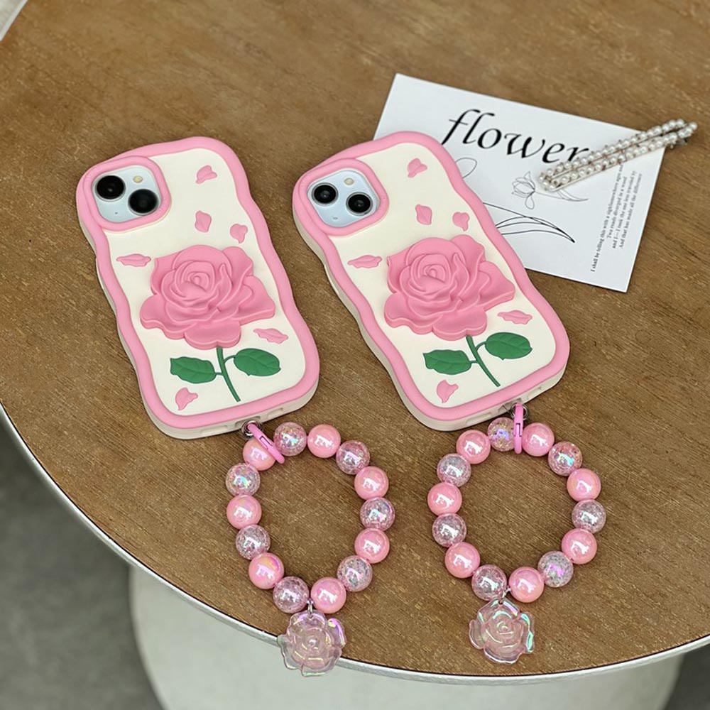 Pink Rose Silicone Soft Cover With Bracelet - iPhone 15 Pro