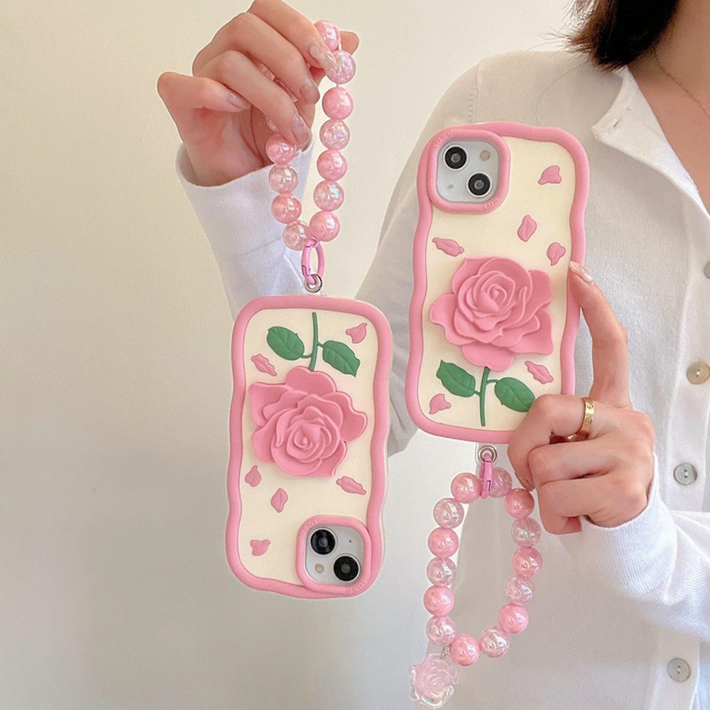 Pink Rose Silicone Soft Cover With Bracelet - iPhone 14 Pro