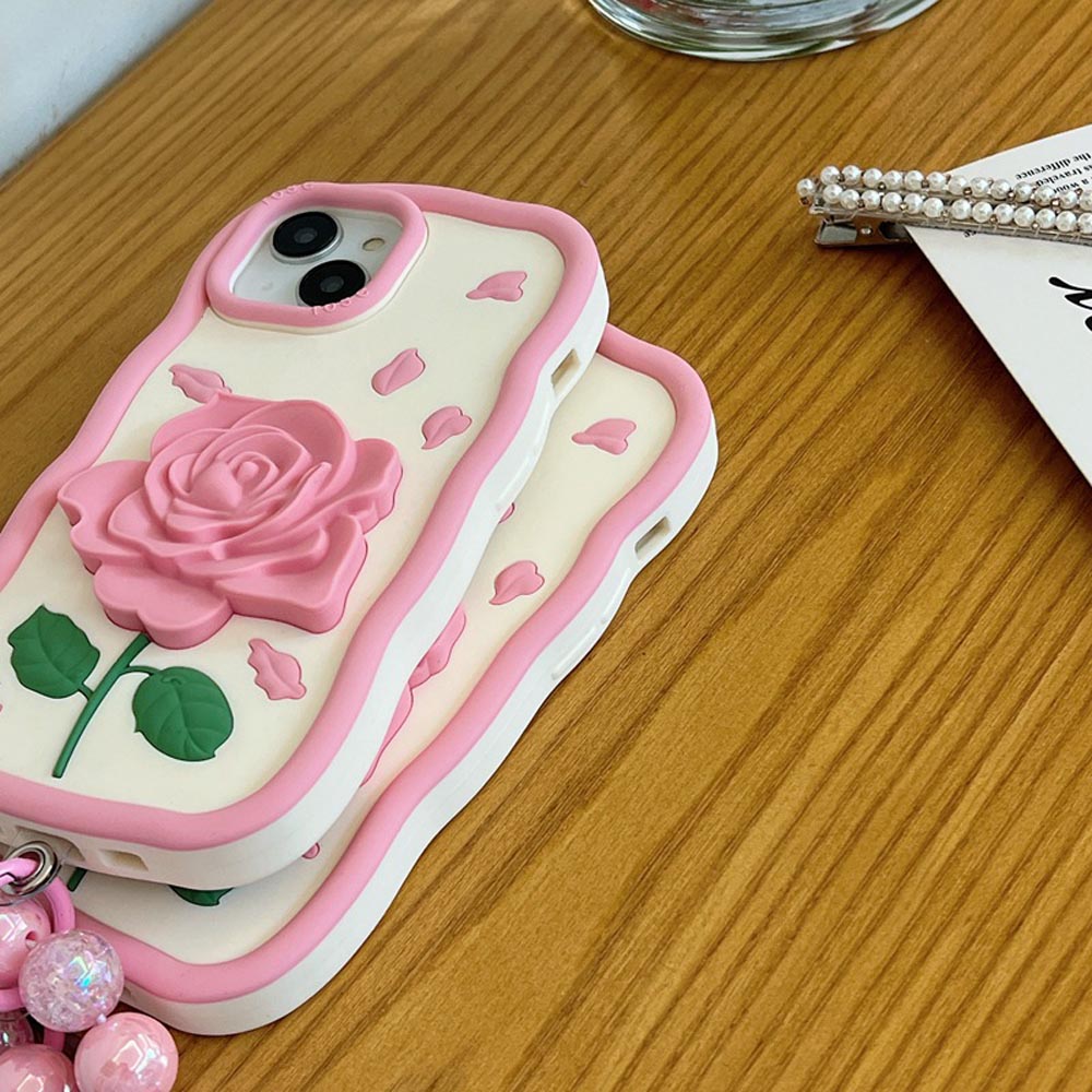 Pink Rose Silicone Soft Cover With Bracelet - iPhone 15 Pro