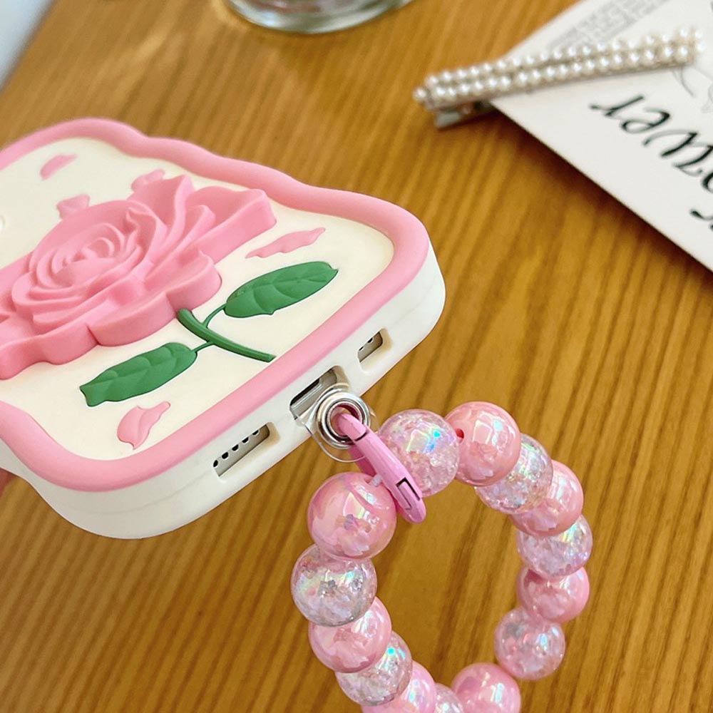 Pink Rose Silicone Soft Cover With Bracelet - iPhone 15 Pro