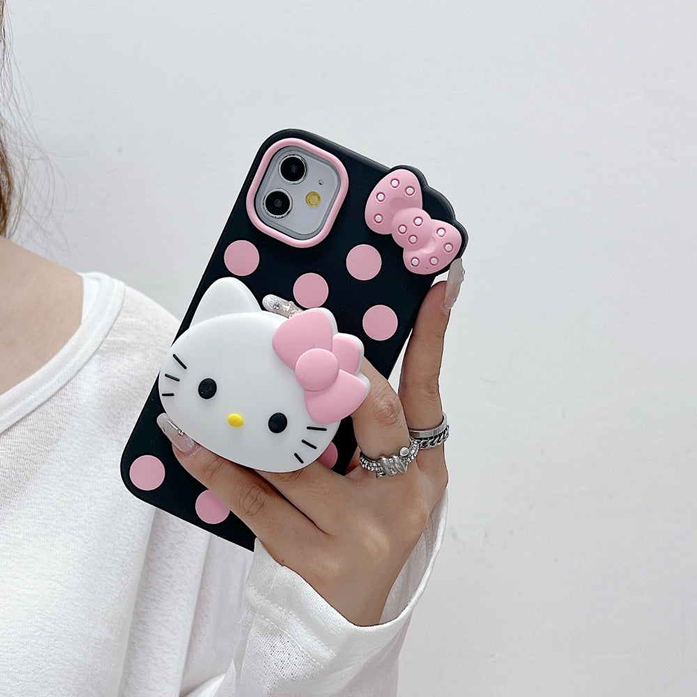 Polka Dot Bow Kitty Stand Silicone Phone Case