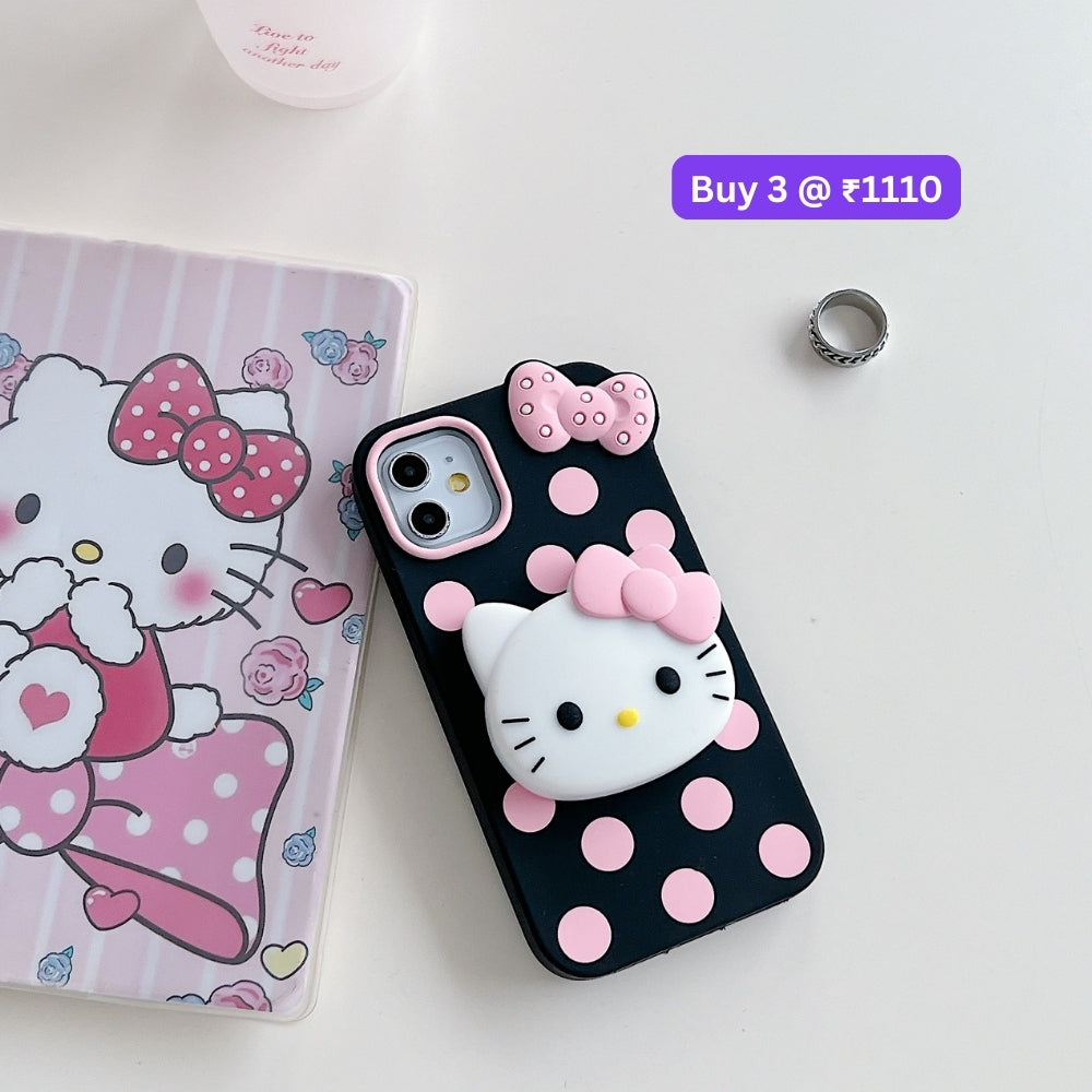 Polka Dot Bow Kitty Stand Silicone Phone Case | Mobile Cover - iPhone 13