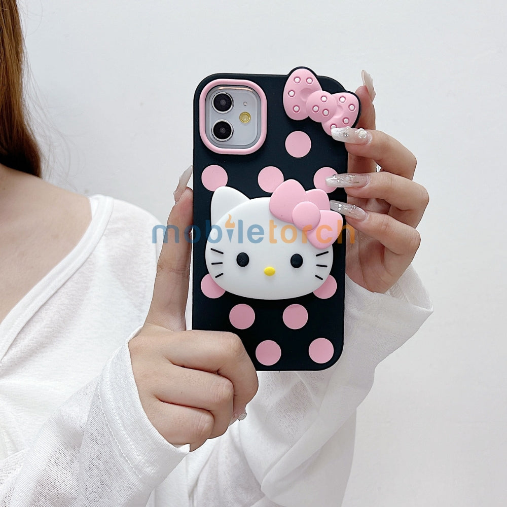 Polka Dot Bow Kitty Stand Silicone Phone Case | Mobile Cover - iPhone 13 Pro Max
