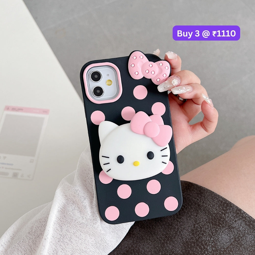 Polka Dot Bow Kitty Stand Silicone Phone Case | Mobile Cover - iPhone 16 Pro Max