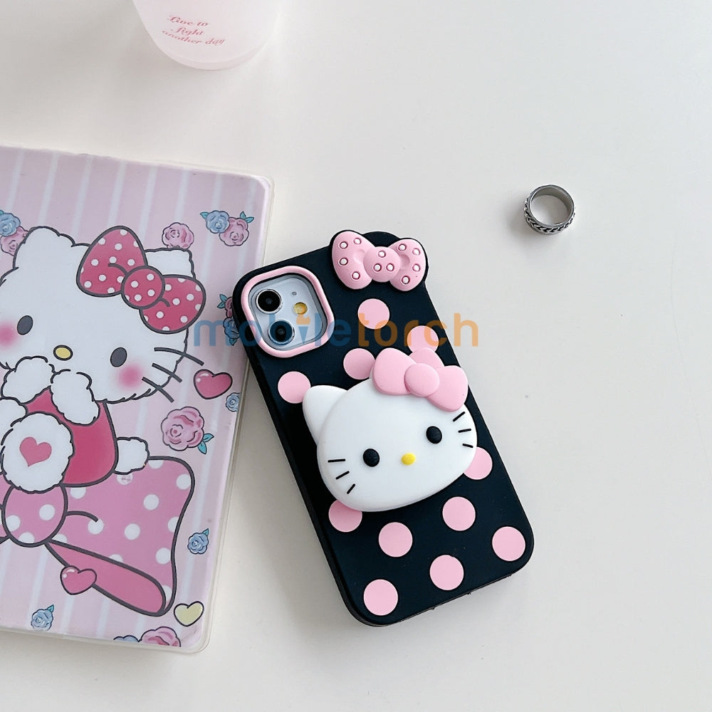 Polka Dot Bow Kitty Stand Silicone Phone Case | Mobile Cover - iPhone 15 Pro Max
