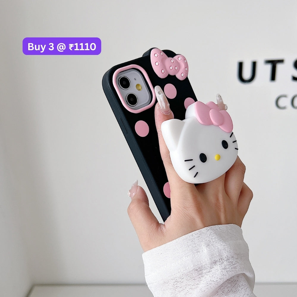 Polka Dot Bow Kitty Stand Silicone Phone Case | Mobile Cover - iPhone 13