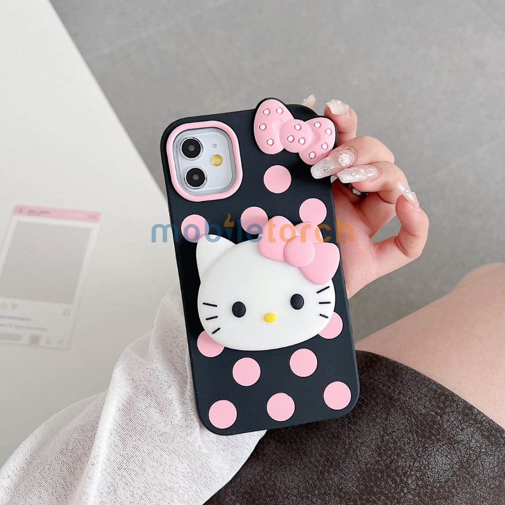 Polka Dot Bow Kitty Stand Silicone Phone Case | Mobile Cover - iPhone 13 Pro Max