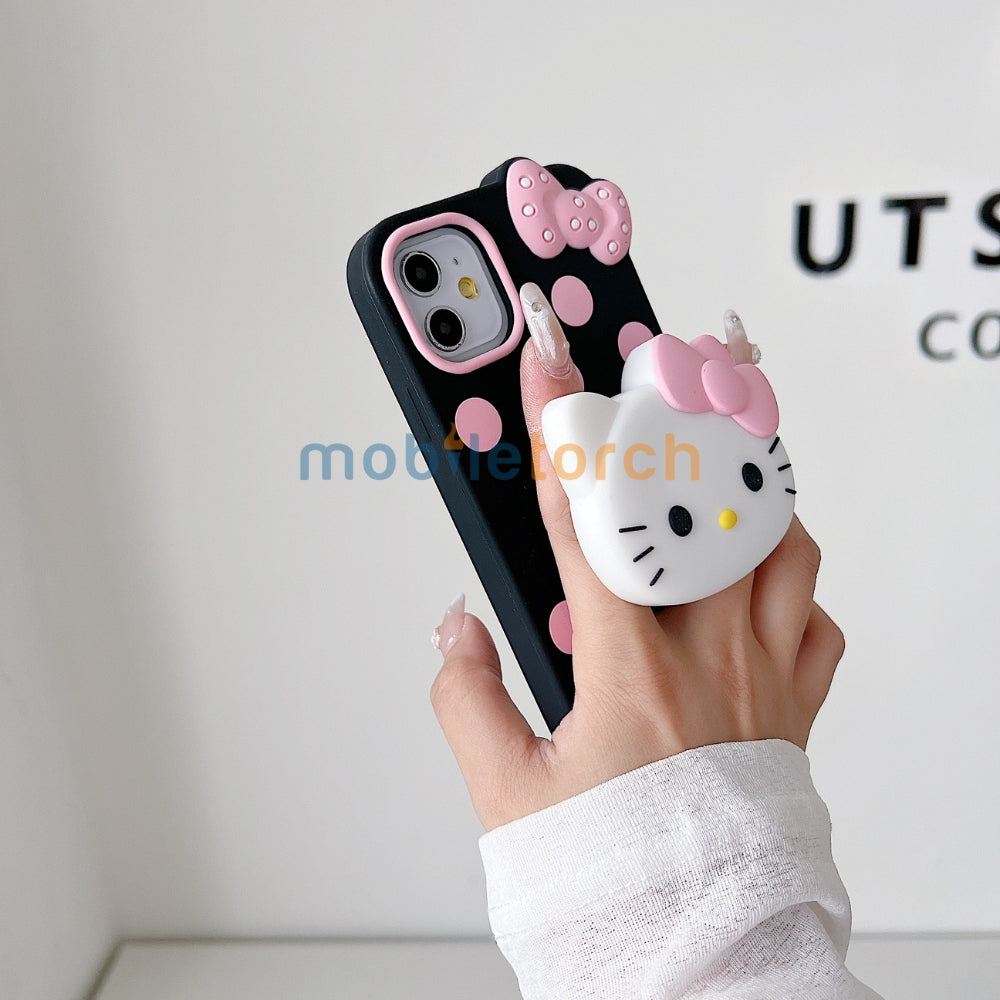 Polka Dot Bow Kitty Stand Silicone Phone Case | Mobile Cover - iPhone 15 Pro Max