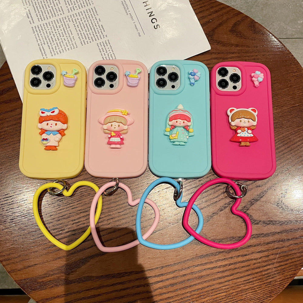 Cute Girl Cartoon 3D Princess Colored TPU (Soft) Phone Case with Heart Shape Bracelet - iPhone 15 Pro Max