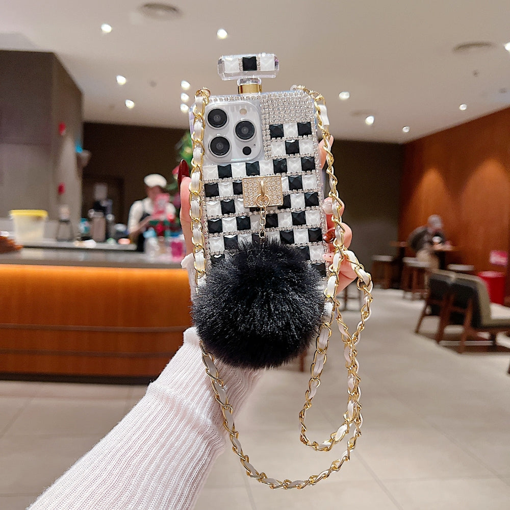 Rehinestone Perfume Bottle Phone Case with Pom Pom Charm and Sling