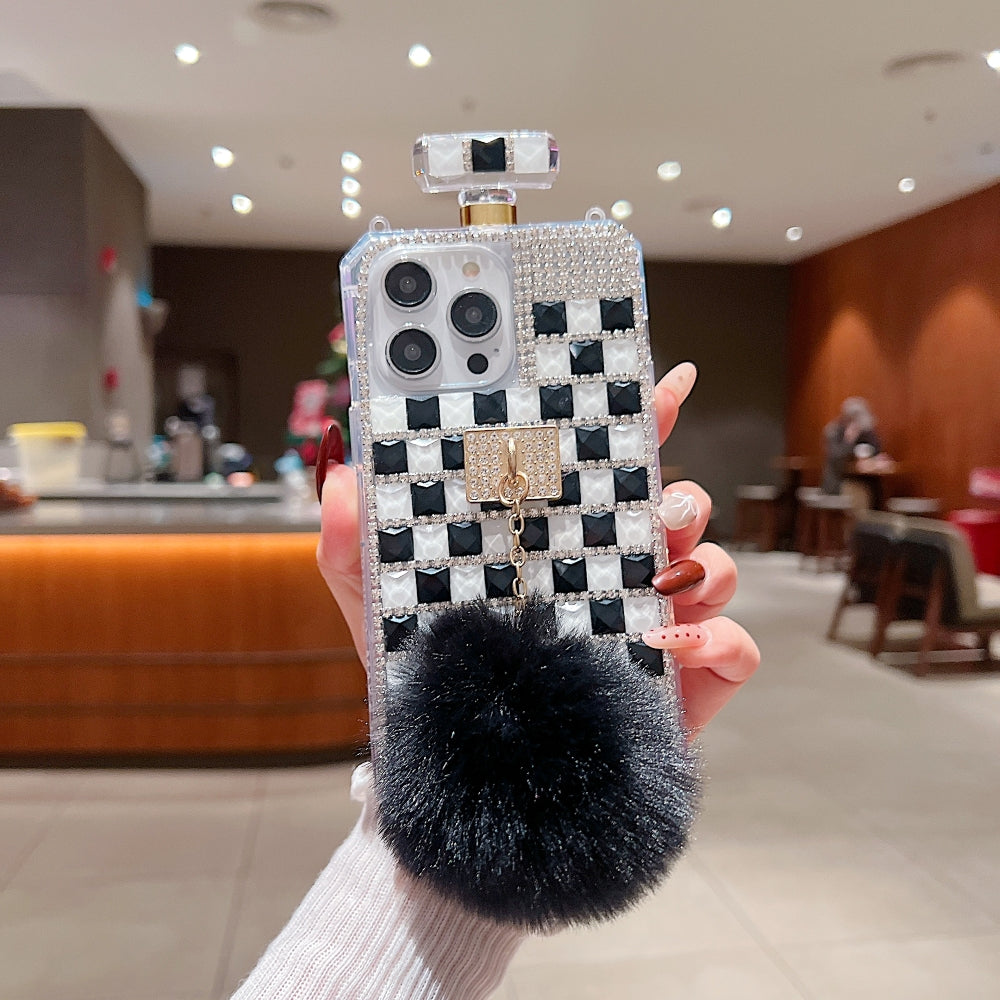 Rehinestone Perfume Bottle Phone Case with Pom Pom Charm and Sling