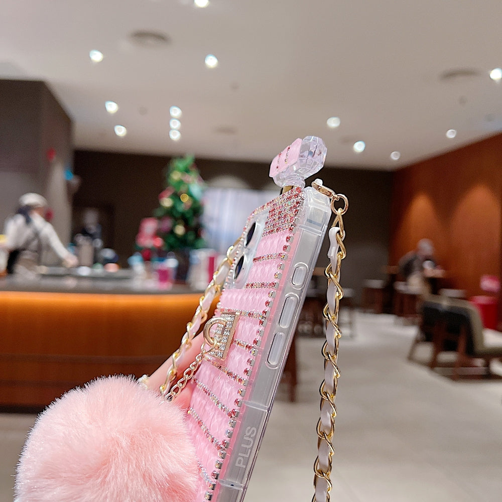 Rehinestone Perfume Bottle Phone Case with Pom Pom Charm and Sling