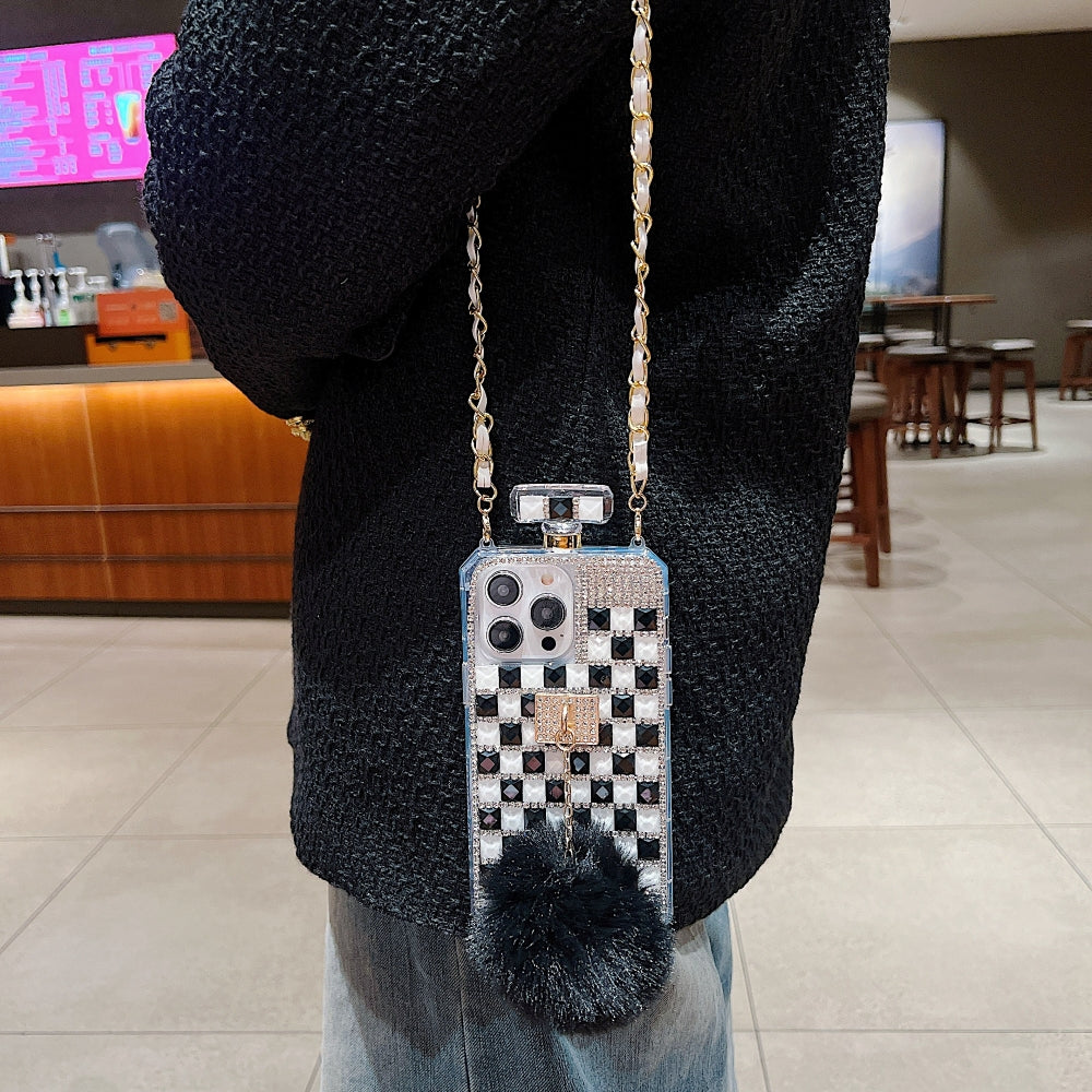 Rehinestone Perfume Bottle Phone Case with Pom Pom Charm and Sling