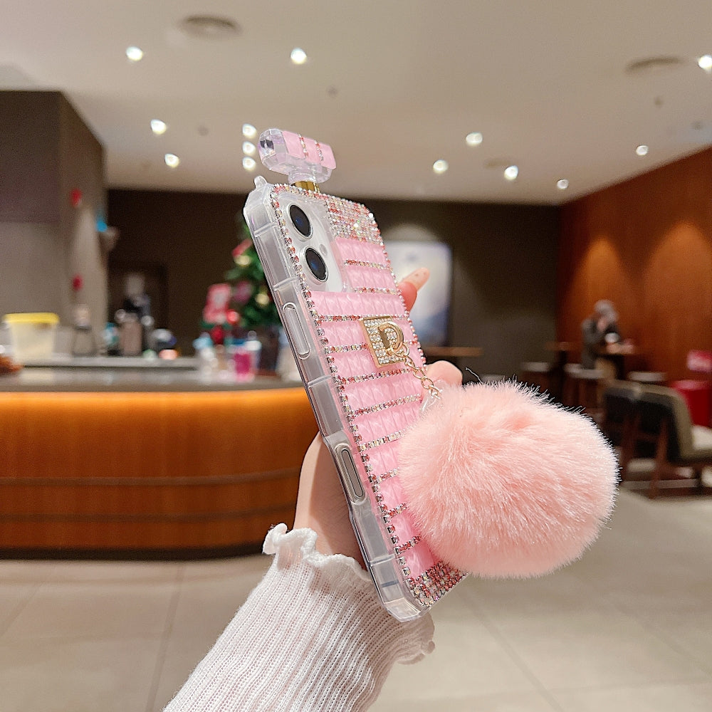 Rehinestone Perfume Bottle Phone Case with Pom Pom Charm and Sling
