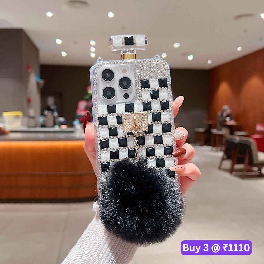 Rehinestone Perfume Bottle Phone Case with Pom Pom Charm and Sling - iPhone 13