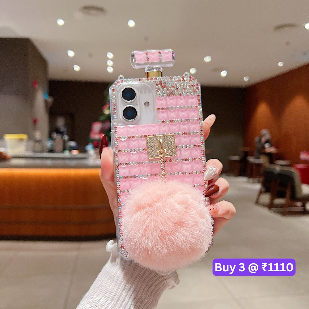 Rehinestone Perfume Bottle Phone Case with Pom Pom Charm and Sling - iPhone 13