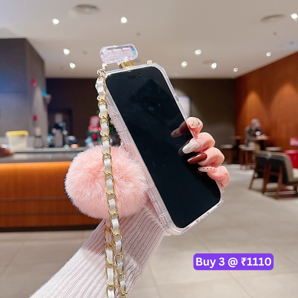 Rehinestone Perfume Bottle Phone Case with Pom Pom Charm and Sling - iPhone 13