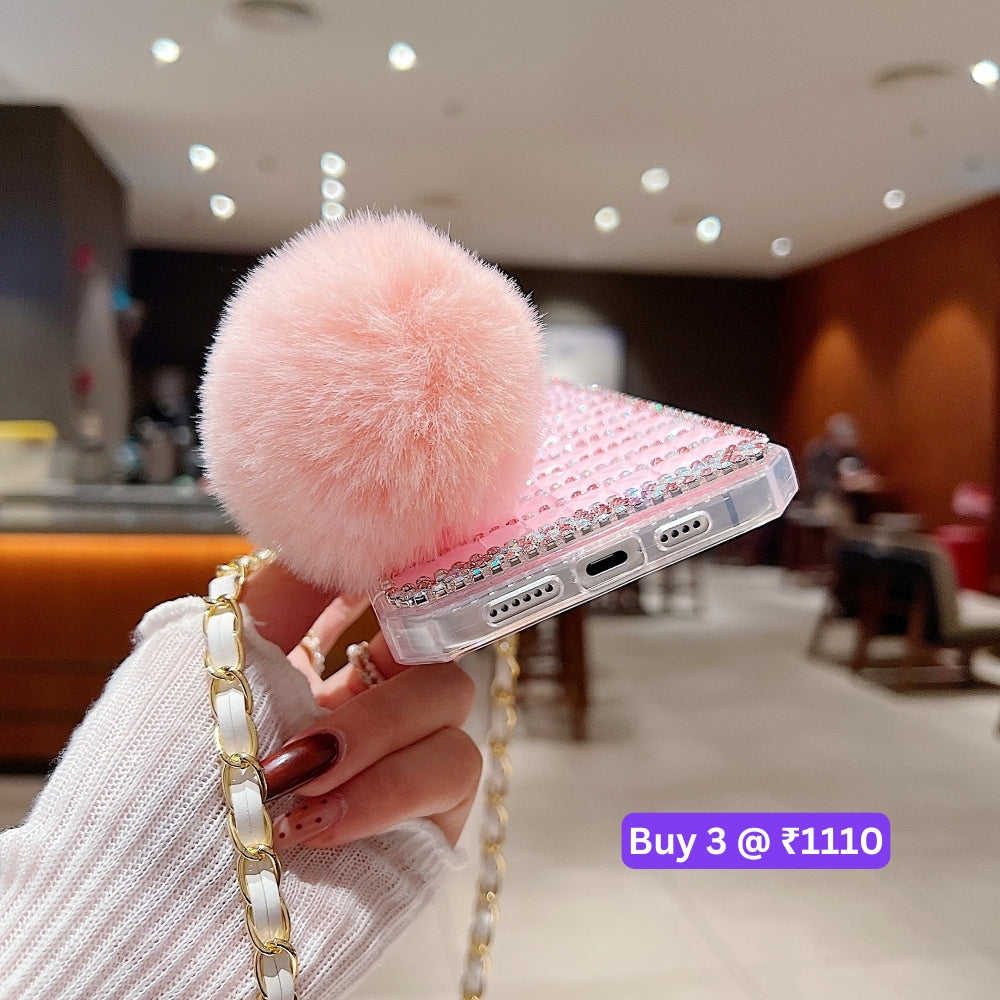 Rehinestone Perfume Bottle Phone Case with Pom Pom Charm and Sling - iPhone 13