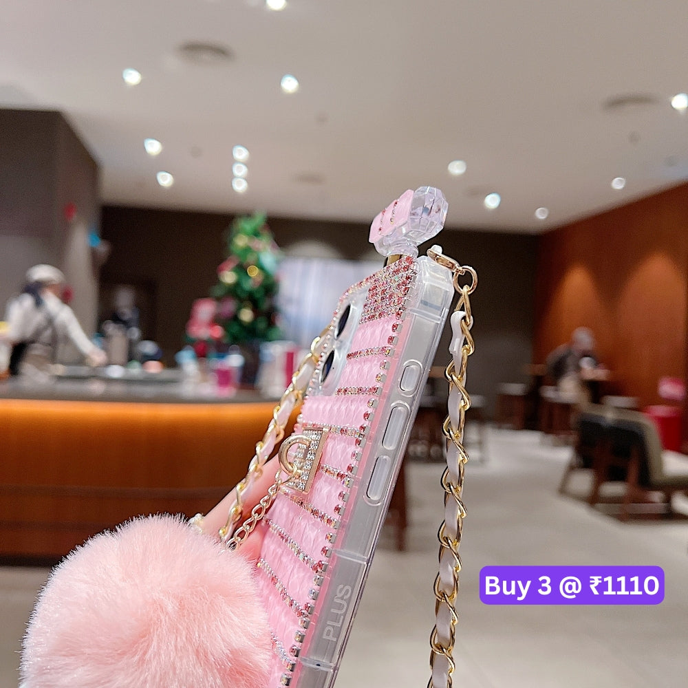 Rehinestone Perfume Bottle Phone Case with Pom Pom Charm and Sling - iPhone 13