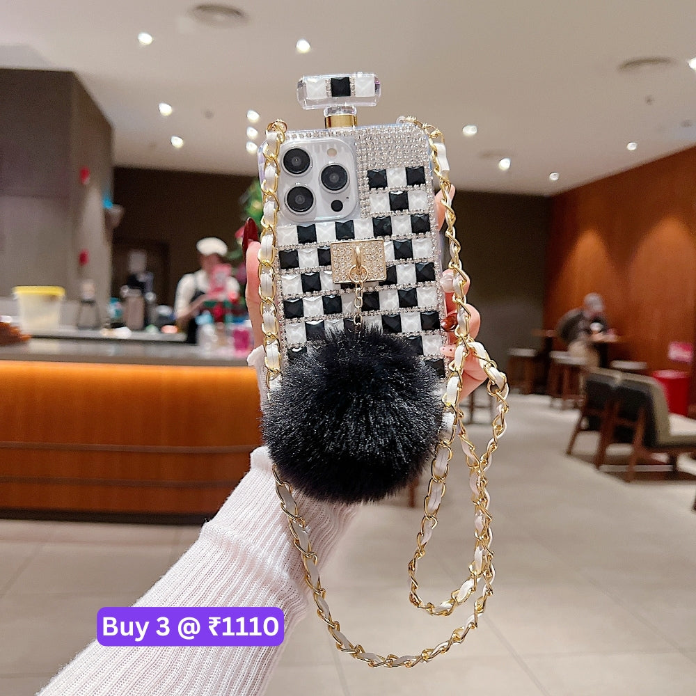 Rehinestone Perfume Bottle Phone Case with Pom Pom Charm and Sling - iPhone 13