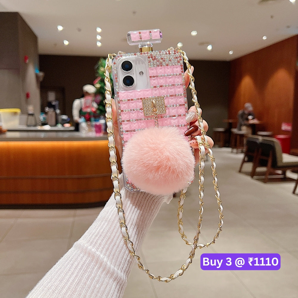Rehinestone Perfume Bottle Phone Case with Pom Pom Charm and Sling - iPhone 13