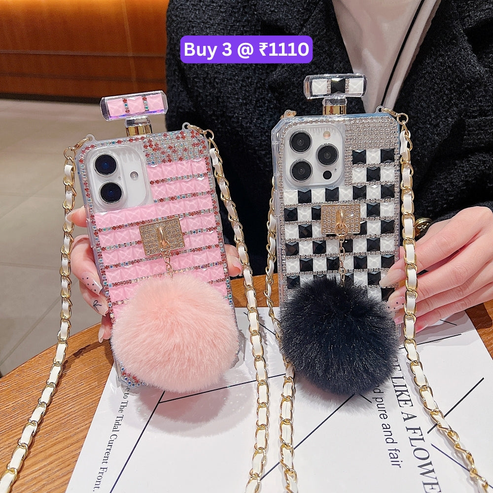 Rehinestone Perfume Bottle Phone Case with Pom Pom Charm and Sling - iPhone 13