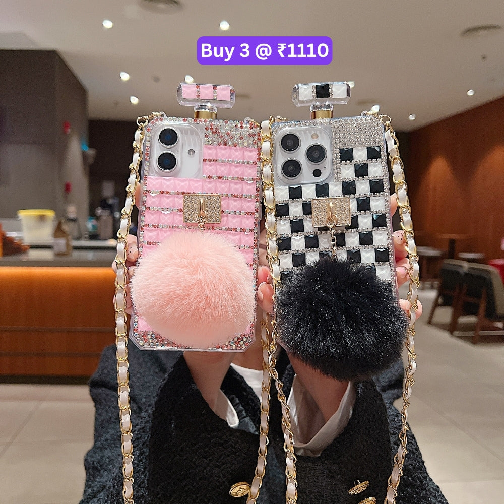 Rehinestone Perfume Bottle Phone Case with Pom Pom Charm and Sling - iPhone 15 Plus