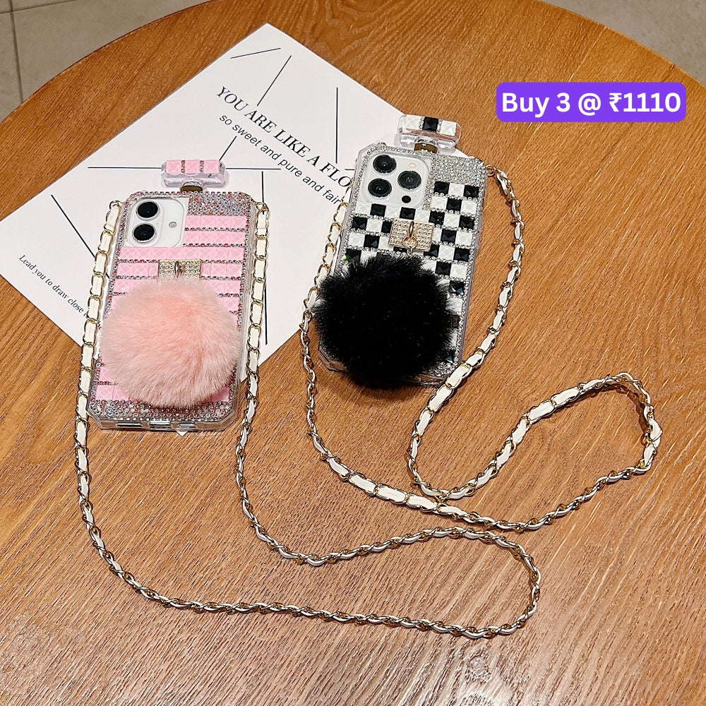 Rehinestone Perfume Bottle Phone Case with Pom Pom Charm and Sling - iPhone 13
