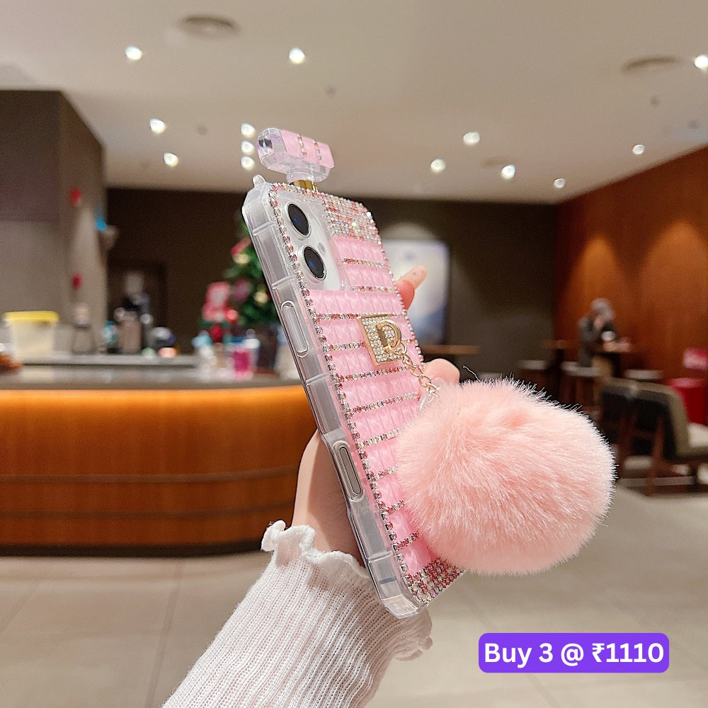 Rehinestone Perfume Bottle Phone Case with Pom Pom Charm and Sling - iPhone 13