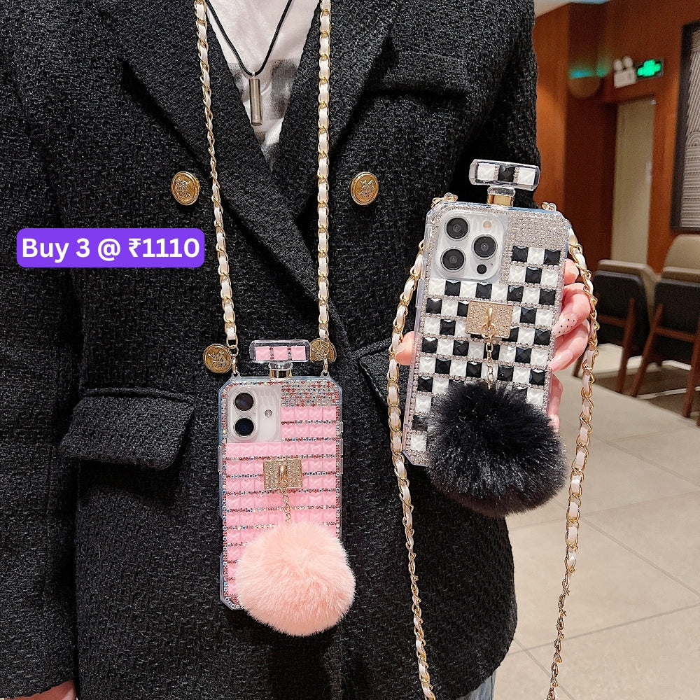 Rehinestone Perfume Bottle Phone Case with Pom Pom Charm and Sling - iPhone 13