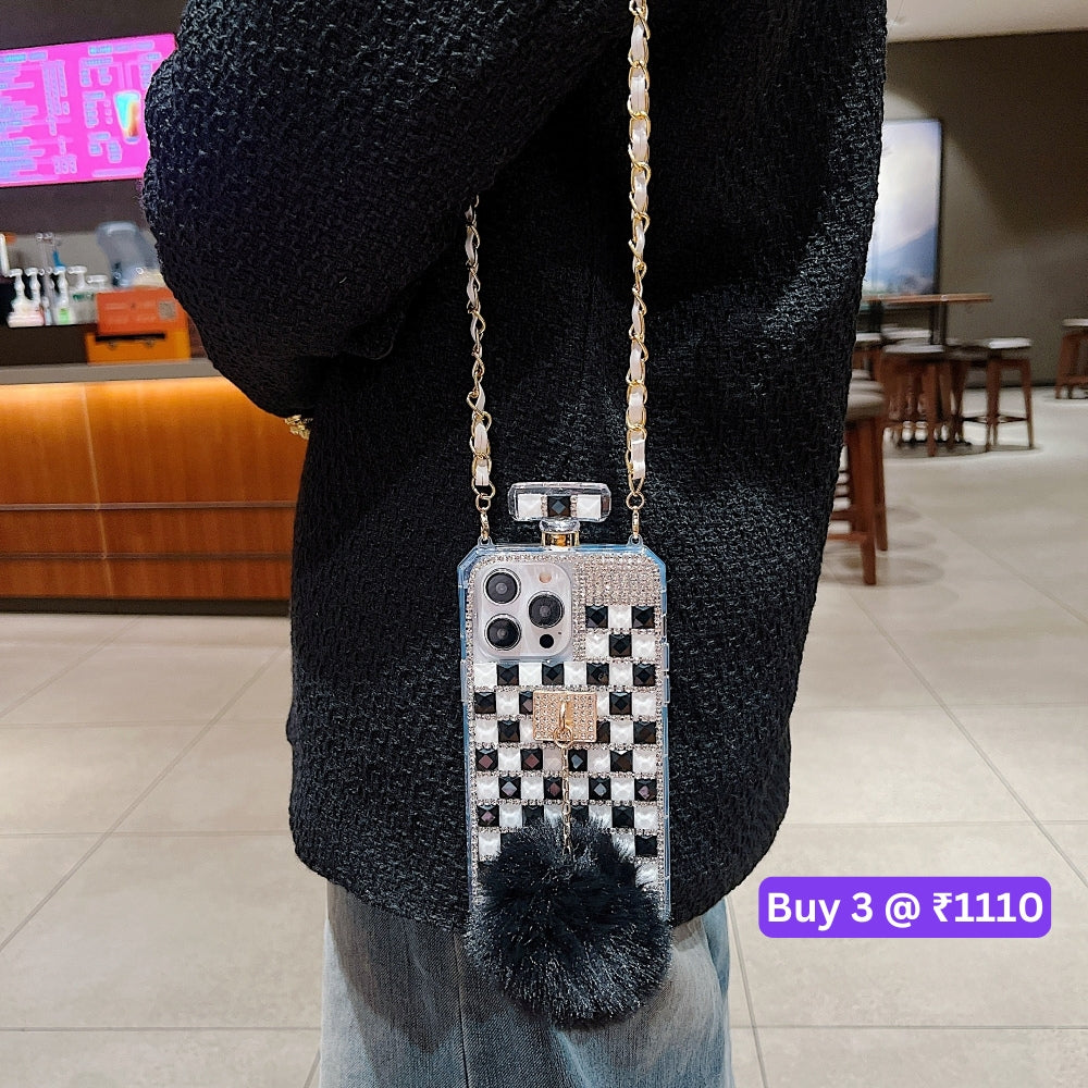 Rehinestone Perfume Bottle Phone Case with Pom Pom Charm and Sling - iPhone 13