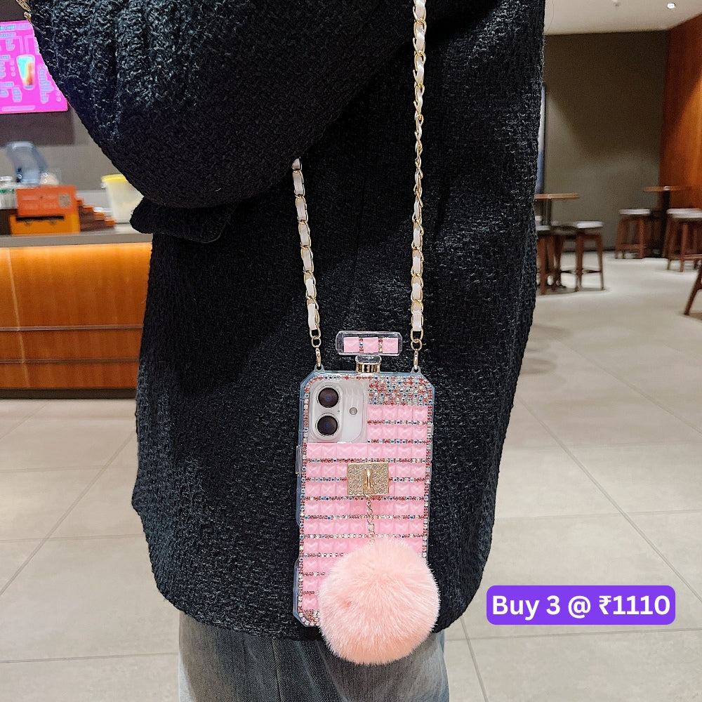 Rehinestone Perfume Bottle Phone Case with Pom Pom Charm and Sling - iPhone 13