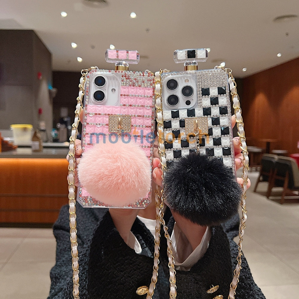 Rehinestone Perfume Bottle Phone Case with Pom Pom Charm and Sling - iPhone 13 Pro Max