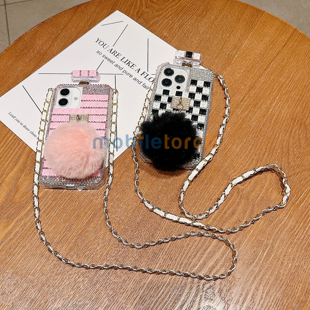 Rehinestone Perfume Bottle Phone Case with Pom Pom Charm and Sling - iPhone 13 Pro Max