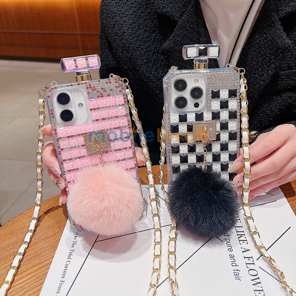 Rehinestone Perfume Bottle Phone Case with Pom Pom Charm and Sling - iPhone 13 Pro Max