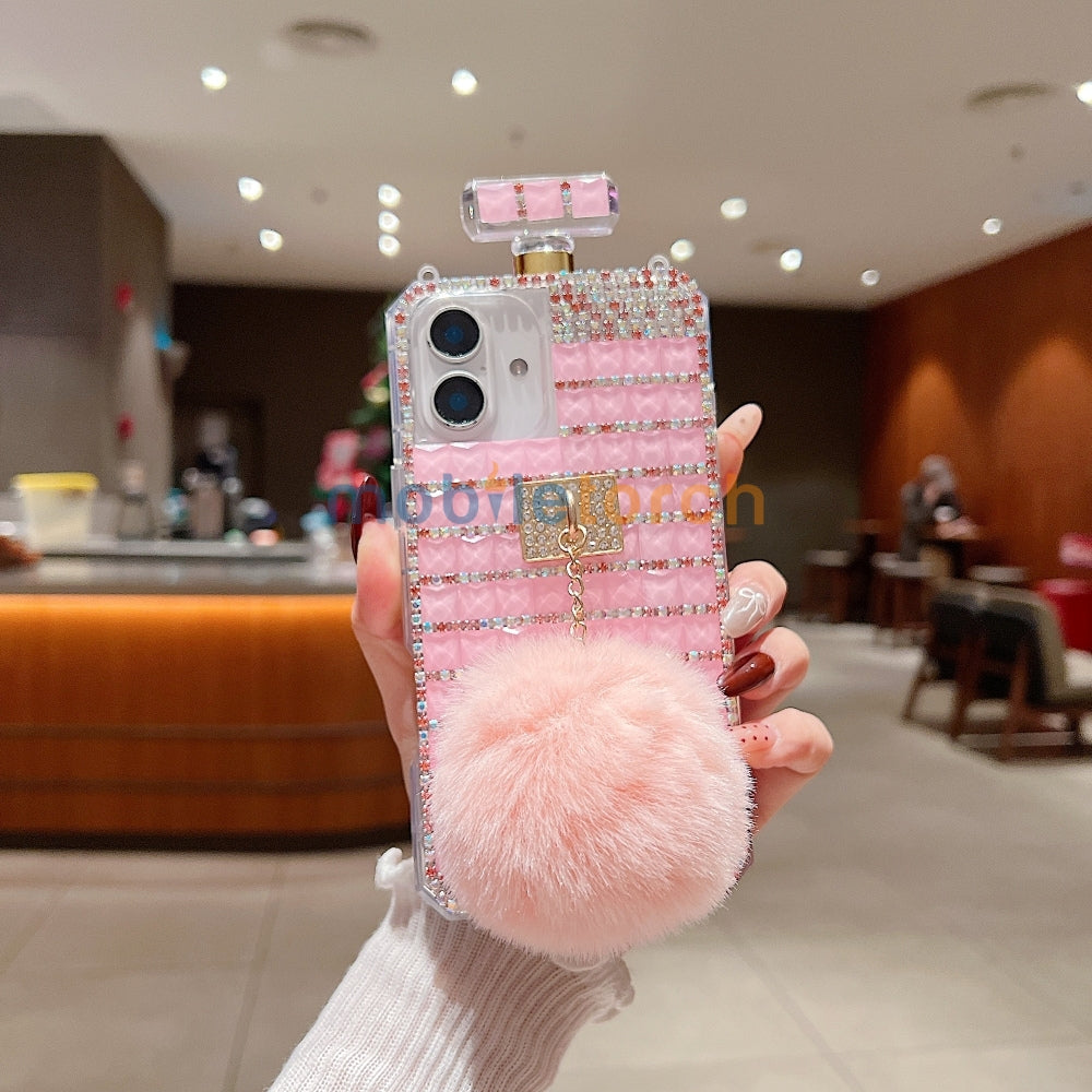 Rehinestone Perfume Bottle Phone Case with Pom Pom Charm and Sling - iPhone 13 Pro Max
